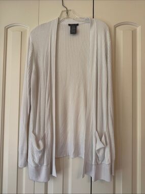 White Ribbed Open Cardigan with Front Pockets